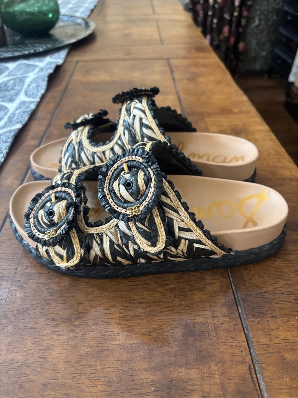 New Sam Edelman Black and Natural Woven Double-Buckle Slide Sandals - Picture 2 of 7